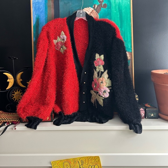 Vintage 80s 90s Red and Black Christmas Floral Patch Teddy Pullover Sweater XXL - Picture 3 of 16